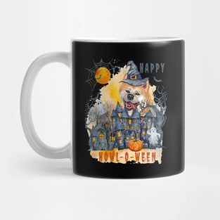 Akita Inu Happy Howl-o-ween Ghost Houses Funny Watercolor Mug